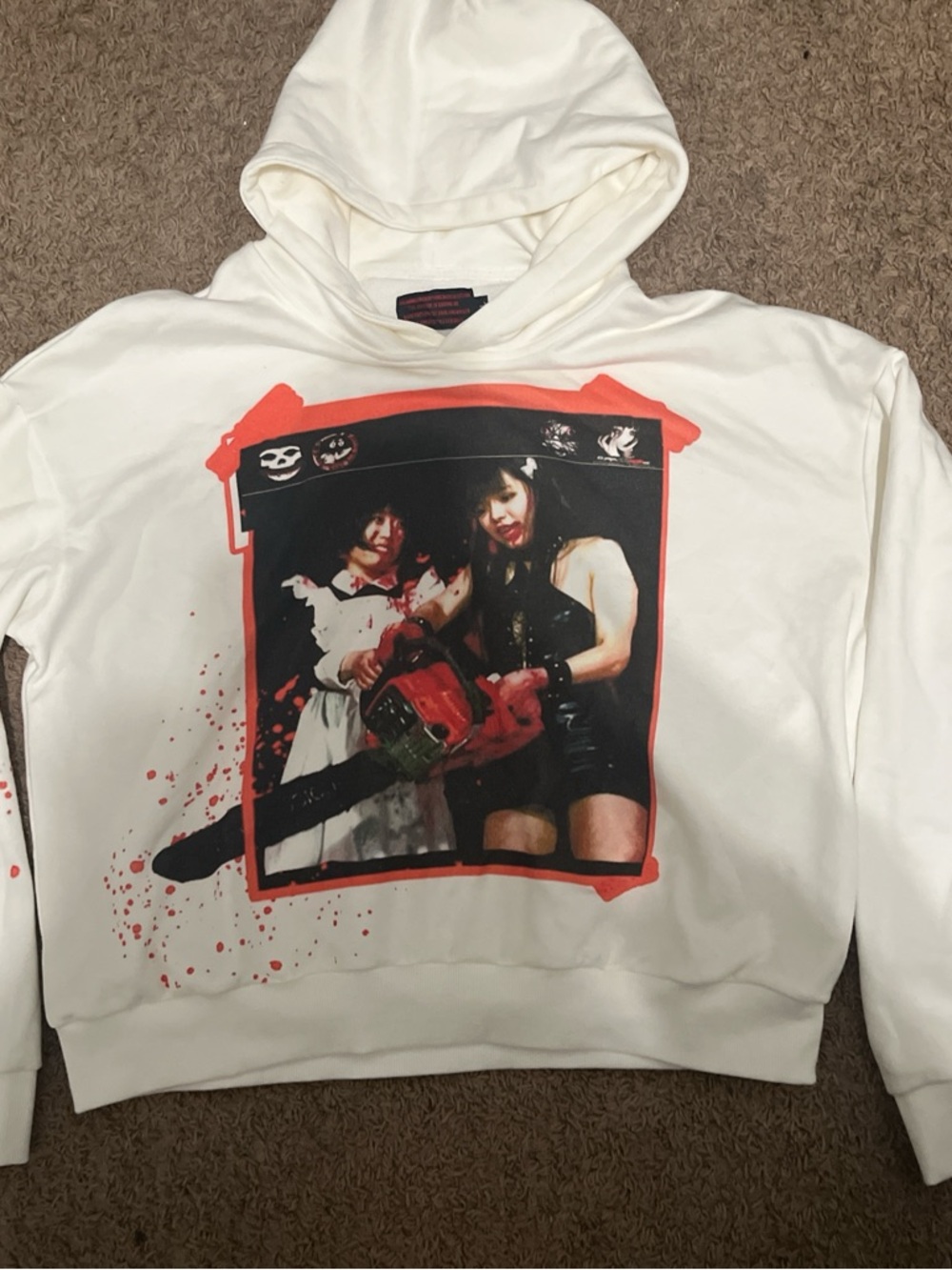 White Graphic Hoodie with Red and Black Horror Print